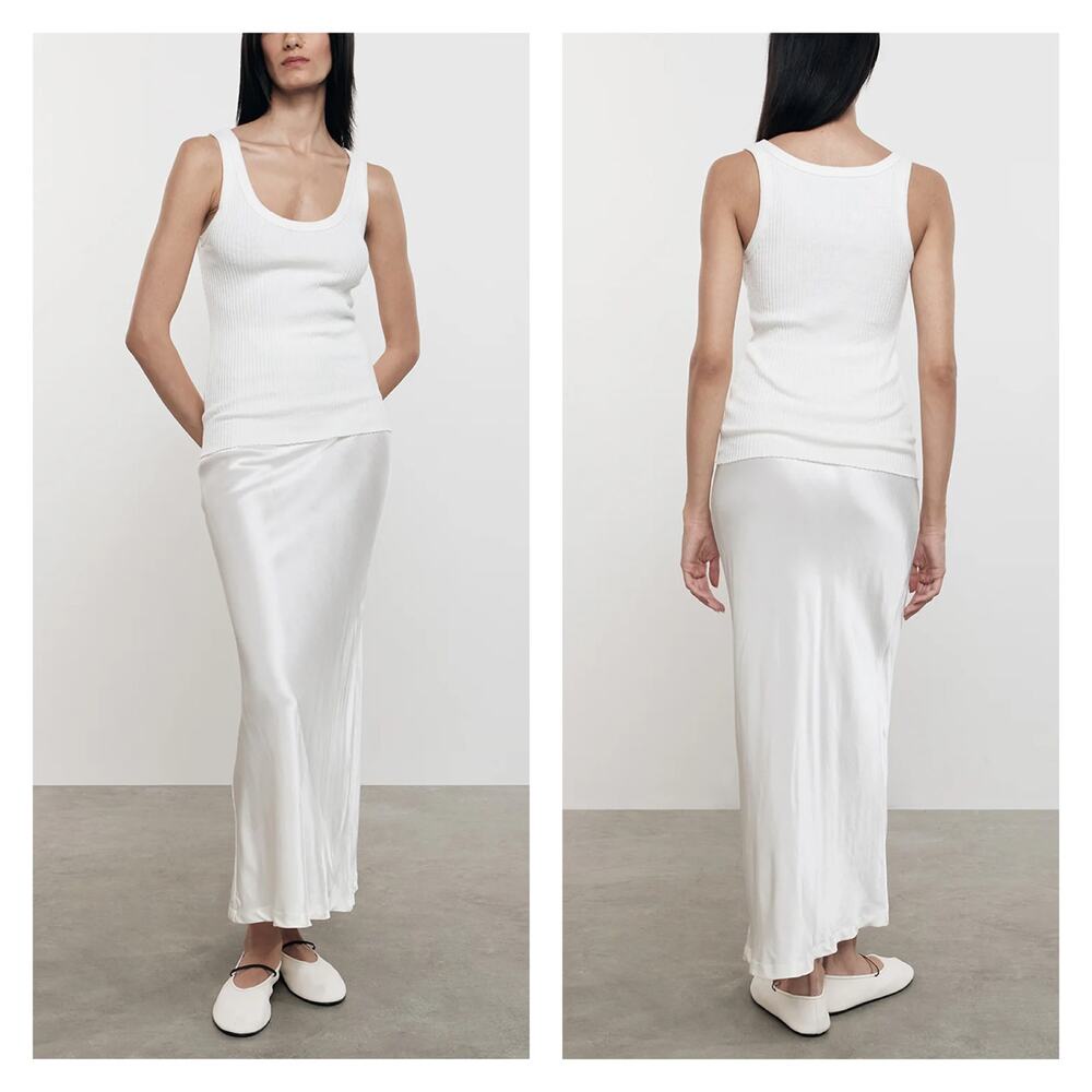 ENZA COSTA Satin Bias Cut Skirt Women S Undyed White Midi Maxi Pull On Slip NEW